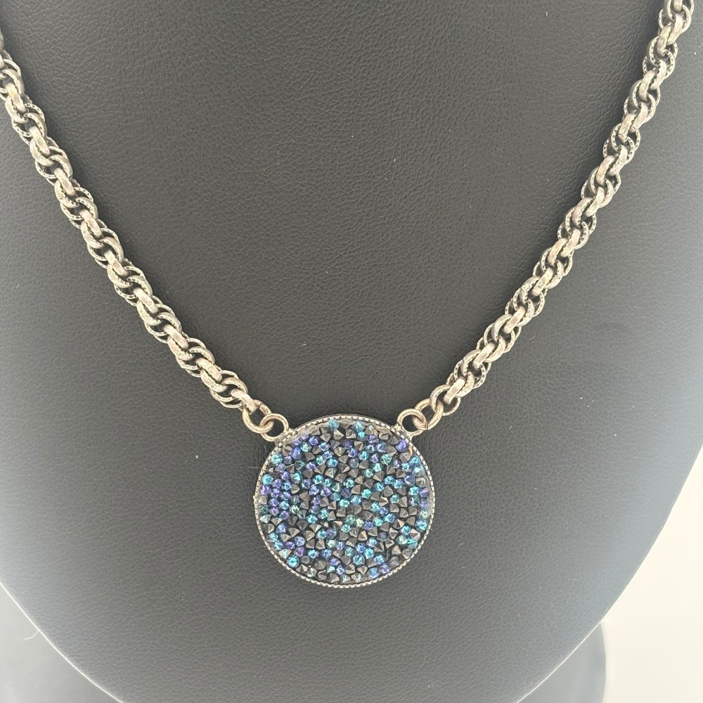 K-Bee Blue Crystal Pave Round Pendant Necklace Silver Tone Signed